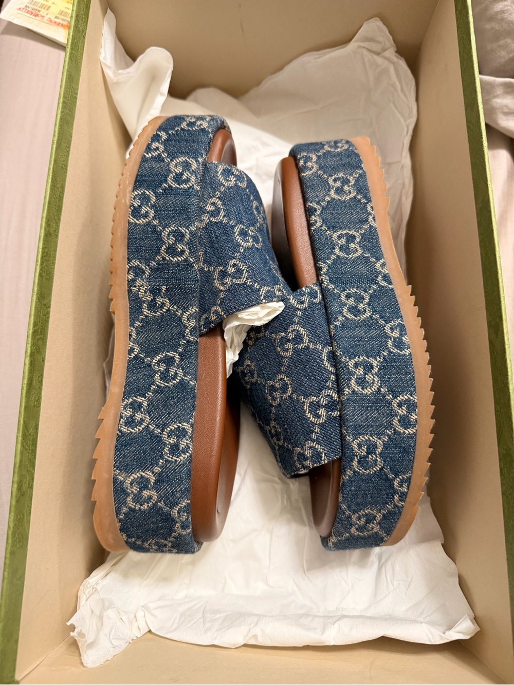 Denim Monogram Platform Slides - Blue/Tan